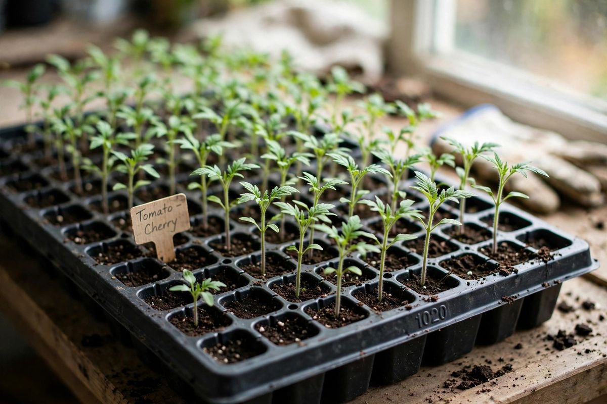 A 1020 tray of tomato seedlings at mostly even height with one shorter latecomer, a handwritten Tomato Cherry label, mix crumbs on the tray edge