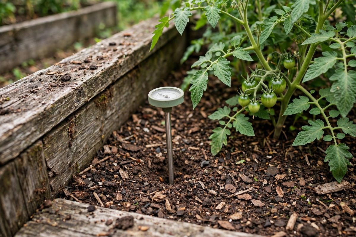 Analog soil moisture meter probe pushed into mulched soil beside tomato plants in a raised bed
