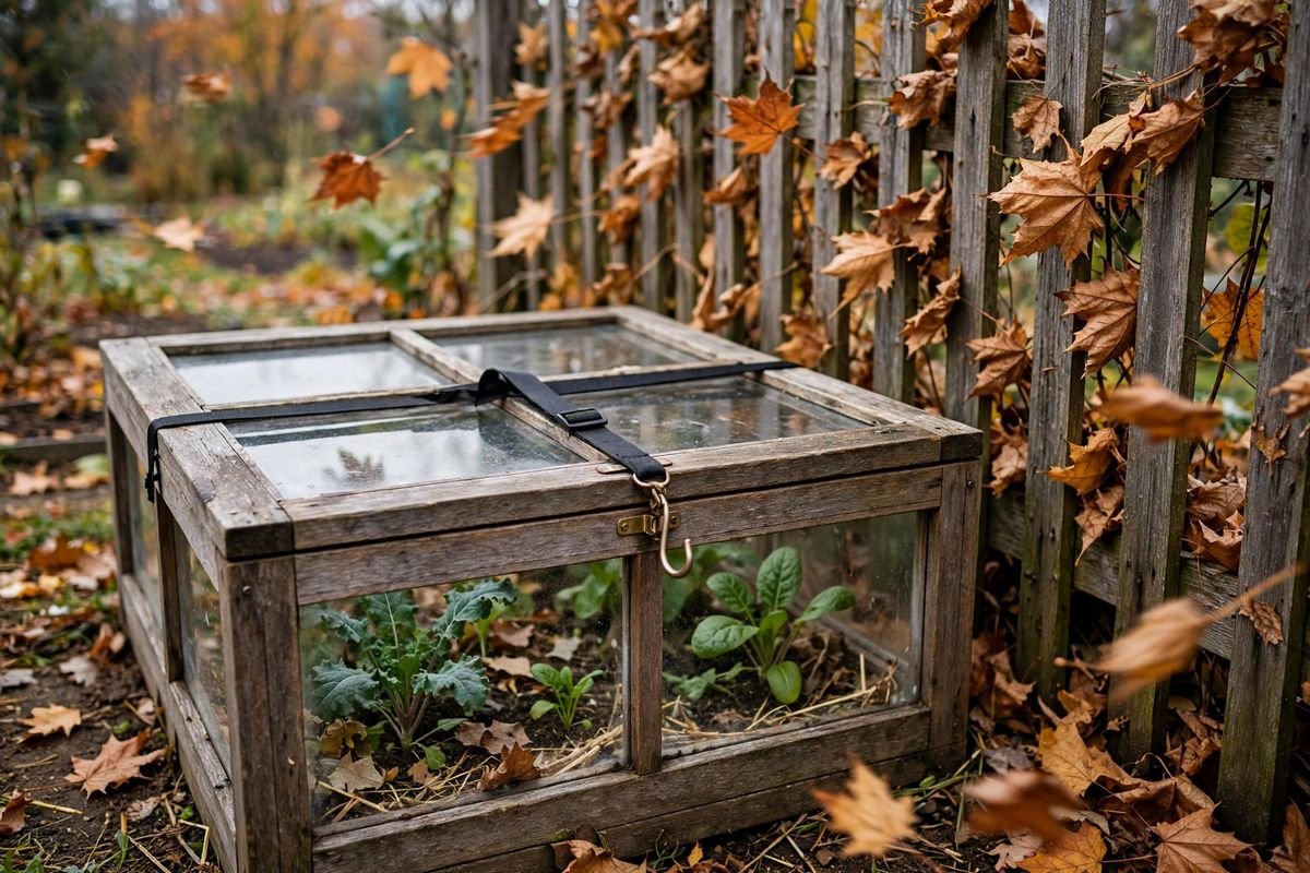 Anchored mini greenhouse at dusk with sandbags on its base rails, door latched, and heavy pots settled on the lowest shelf