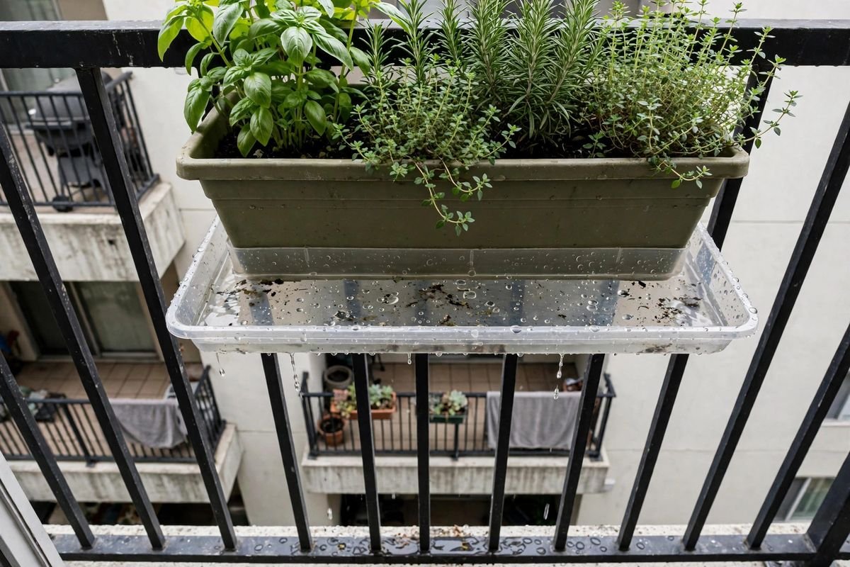 A balcony planter with a drip tray underneath catching water above a lower balcony