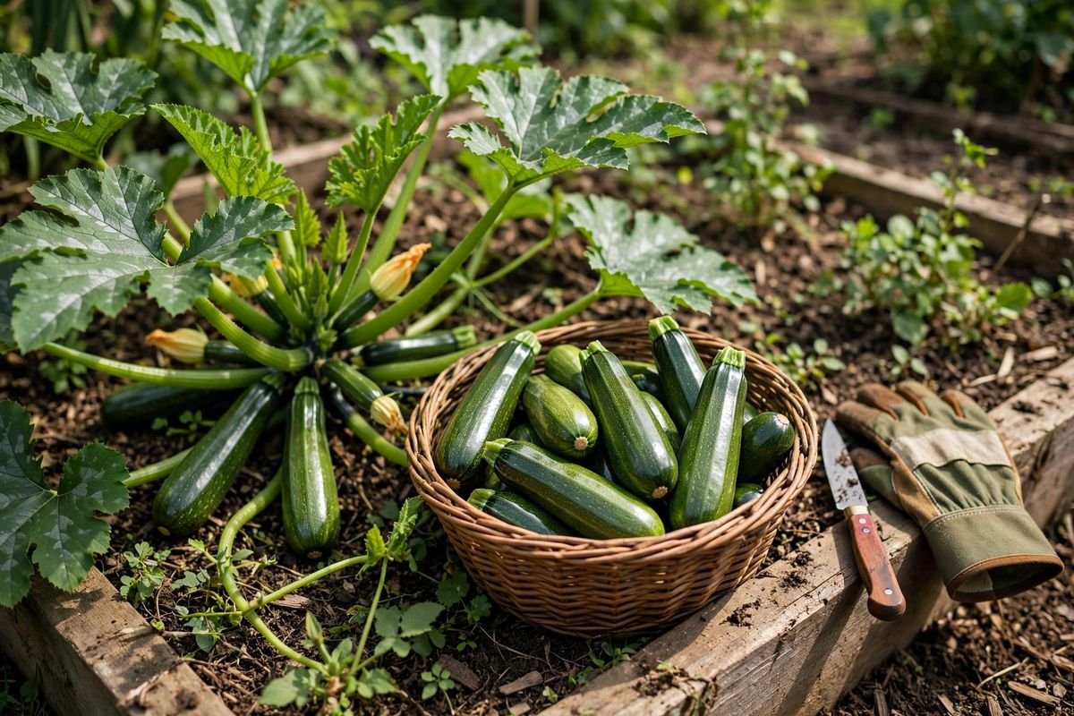 Basket of small glossy zucchini beside the plant with a knife and garden gloves nearby