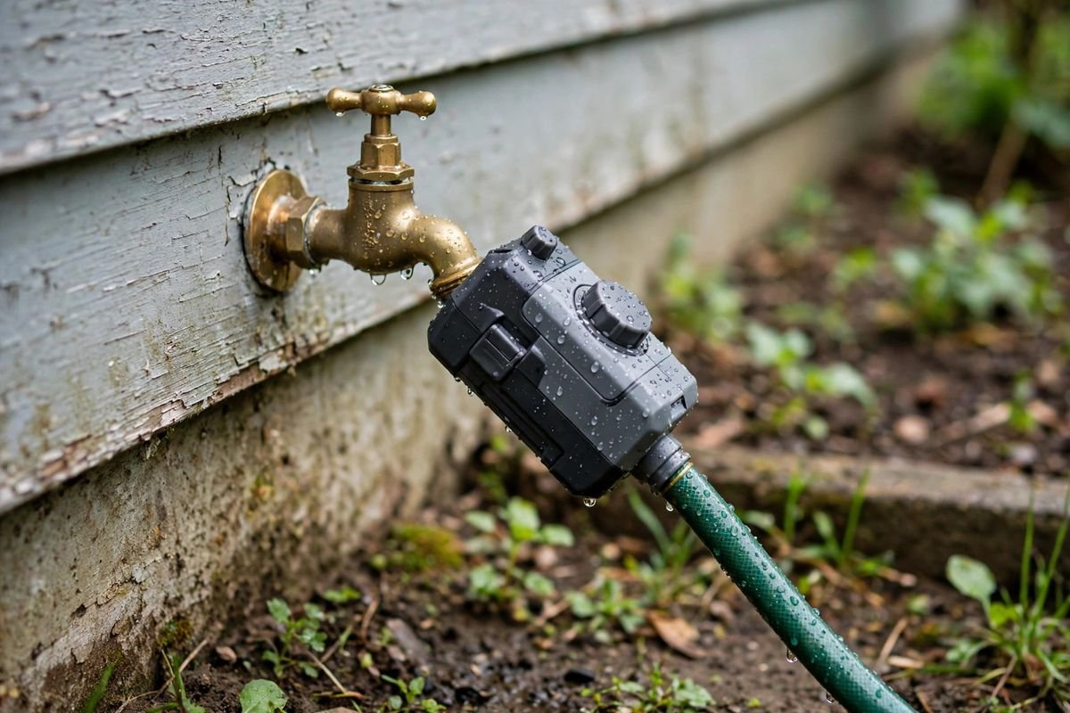 A battery-powered hose timer screwed onto an outdoor spigot, with a garden hose attached and water droplets on the brass fittings