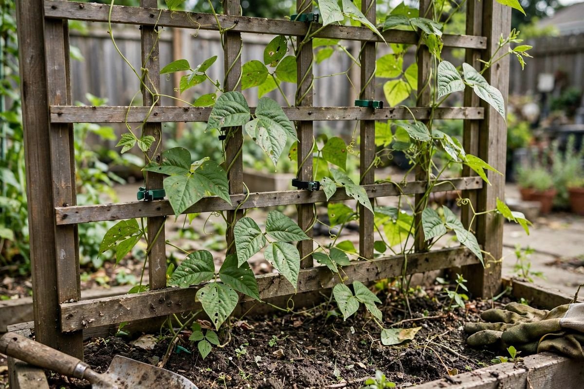 Bean vines climbing a trellis panel and held with small green plant clips