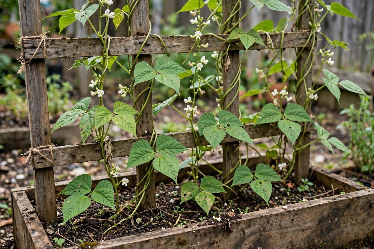 Bean vines twining up a wooden trellis in a planter, with green leaves and small white flowers