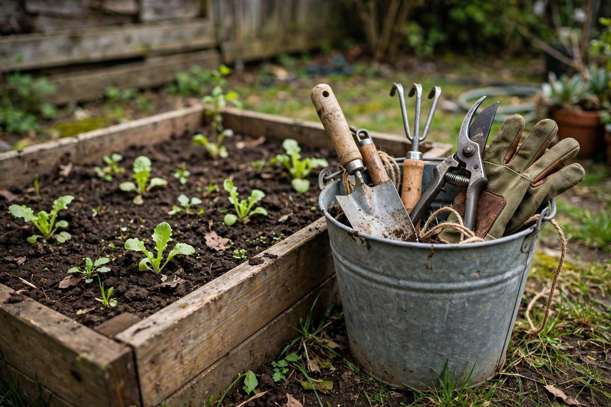 Beginner tool kit stored in a bucket beside a small raised bed