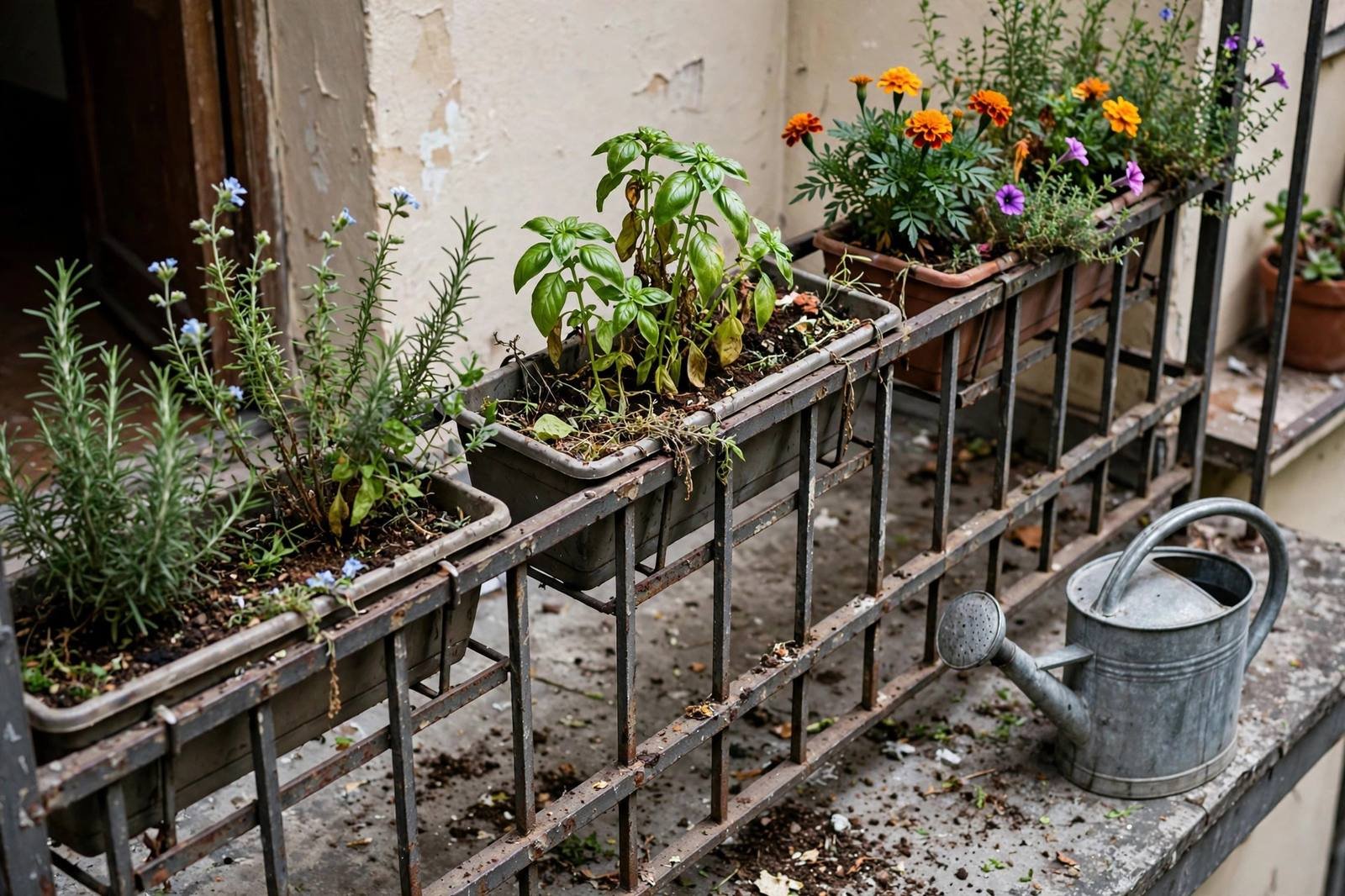 Railing planters with herbs and flowers on a small apartment balcony in natural daylight