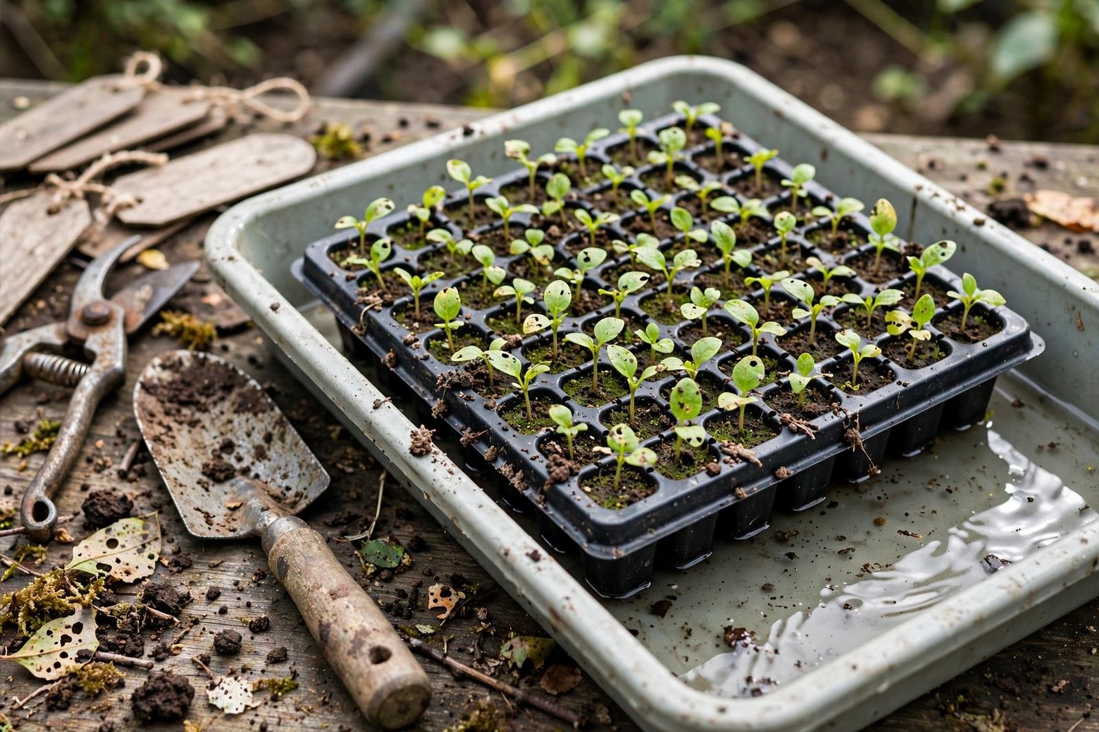 Seed tray nested inside a shallow solid tray with water visible at the corner, seedlings in the cells