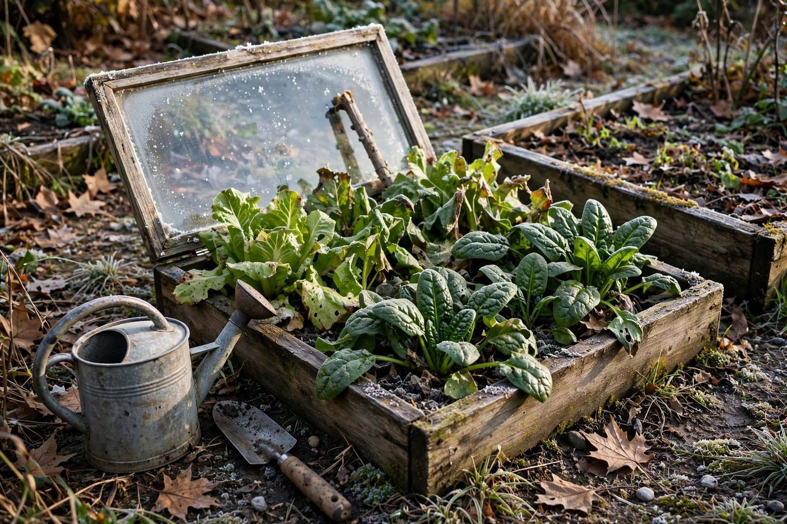 Small wooden cold frame filled with lettuce and spinach on a raised bed in morning light, lid propped open with a wooden stick