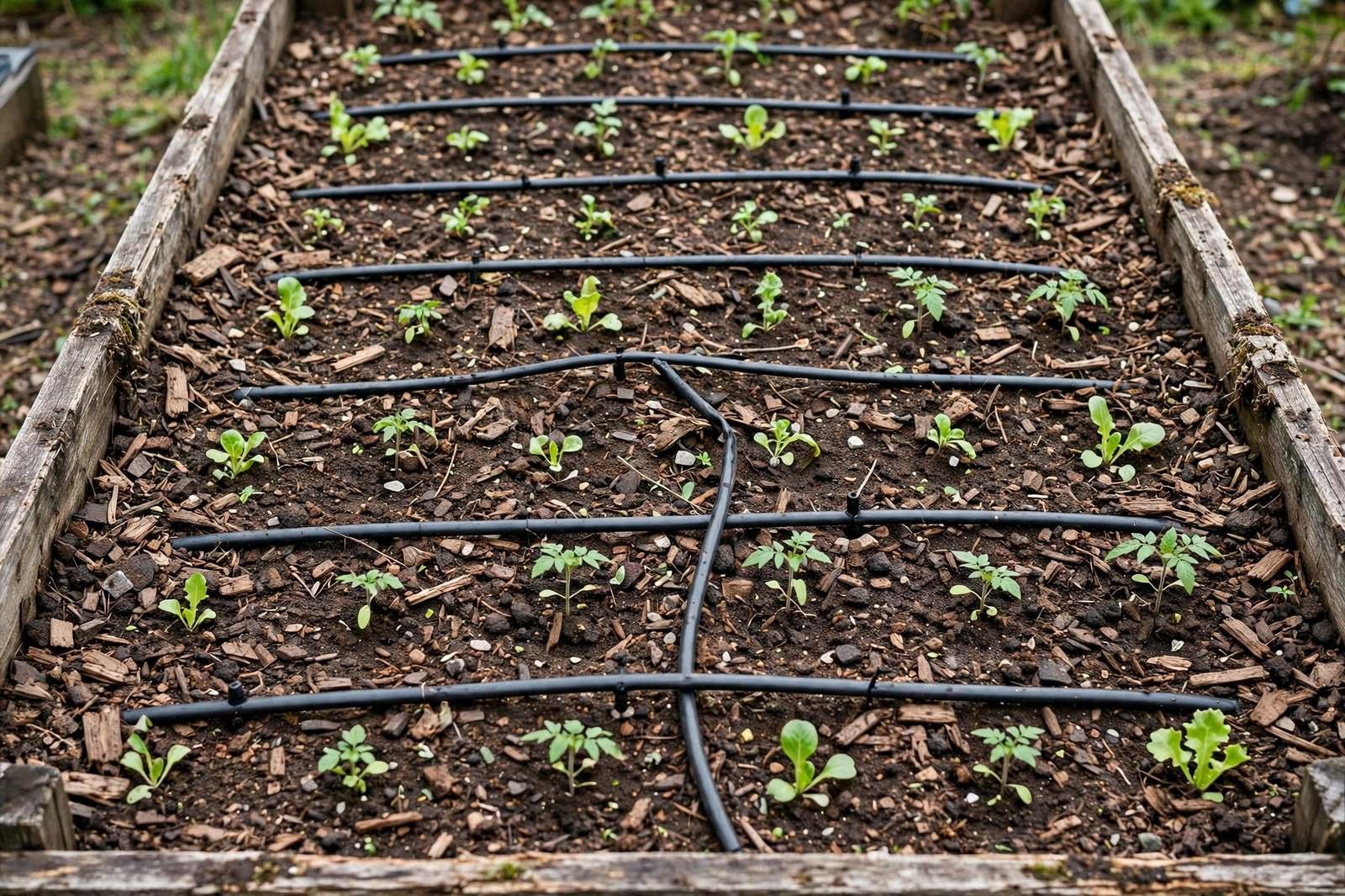 Drip irrigation lines laid in rows across a mulched raised bed with young vegetable seedlings