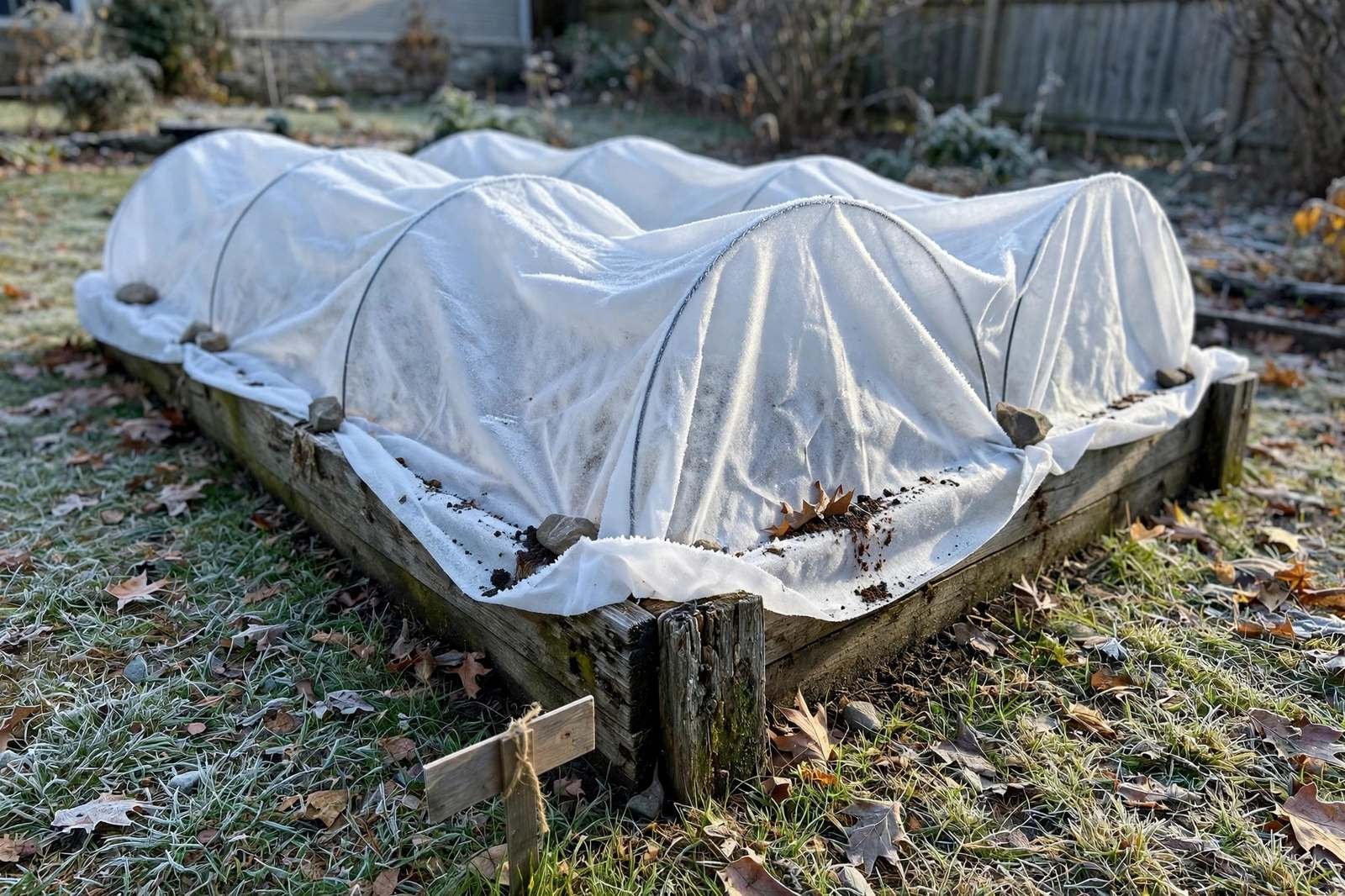 Raised bed covered with white frost cloth on low hoops at dusk, edges pinned to the soil with greens peeking out at one end