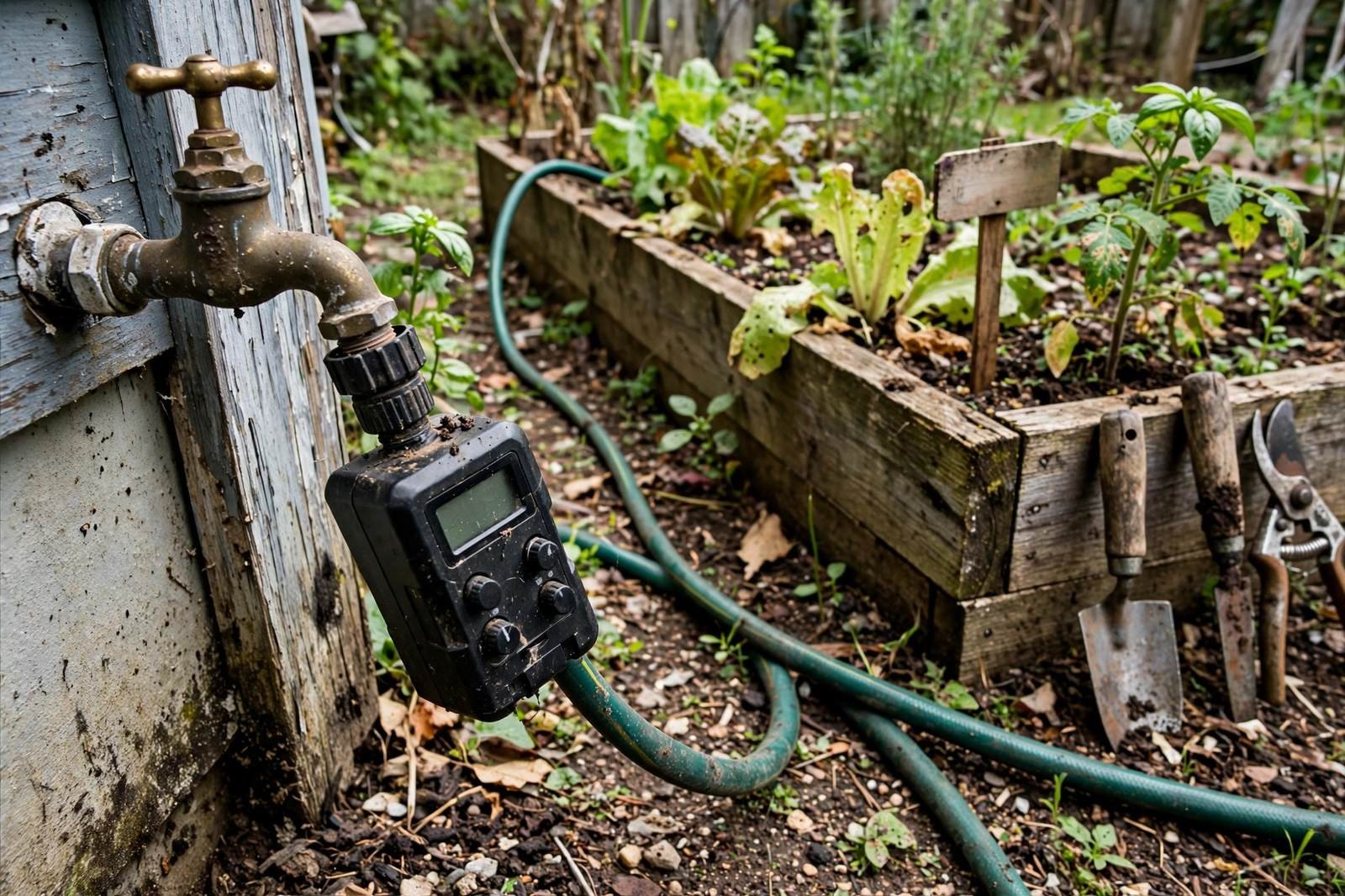 Garden hose timer on an outdoor faucet with a hose leading to a raised bed