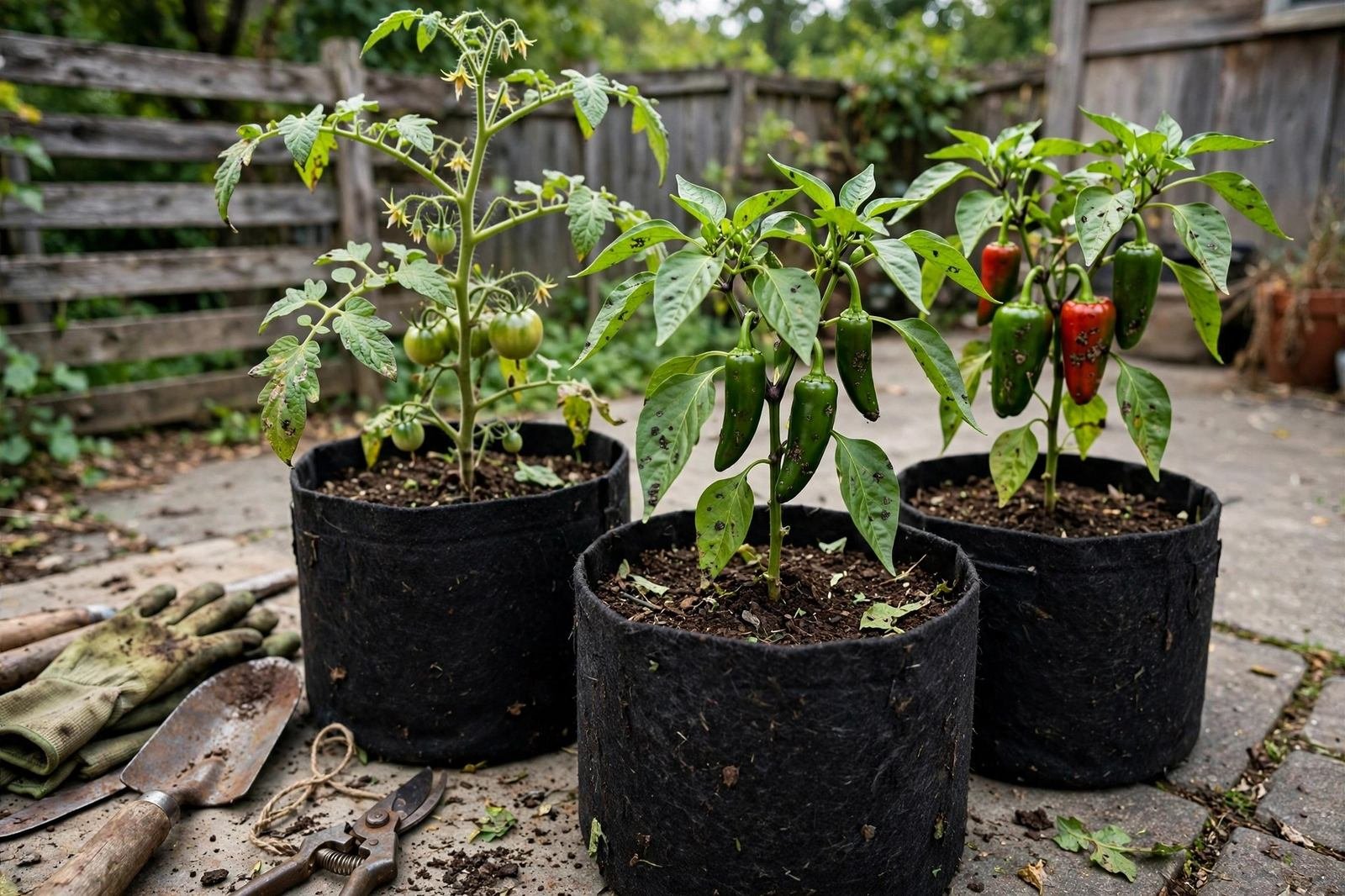 Fabric grow bags with tomato and pepper plants on a sunny backyard patio