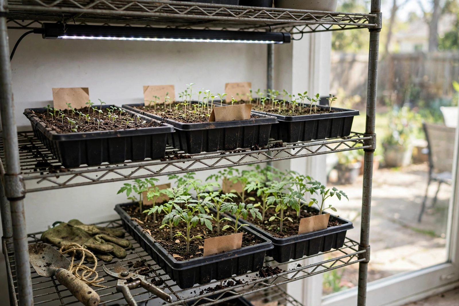 Seed trays under LED light bars on a wire shelf beside a window, seedlings at mixed stages from just sprouted to leafy starts