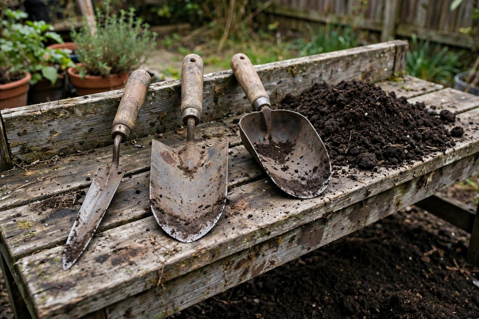 Three hand trowels with narrow, wide, and scoop blades on a weathered wooden potting bench beside dark soil