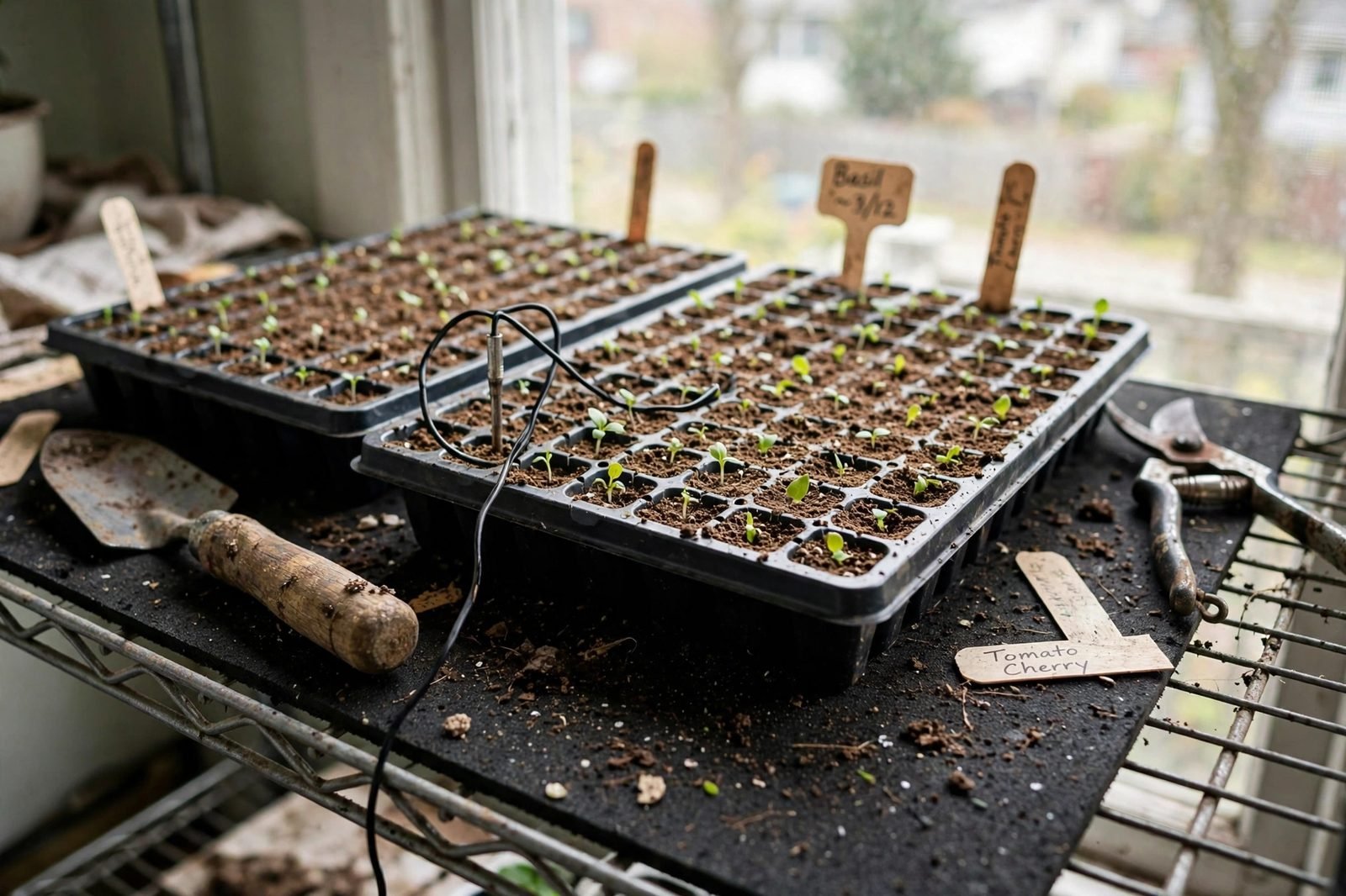 Seed trays sitting on a black heat mat on a wire shelf, a small thermometer probe tucked into the soil of one cell
