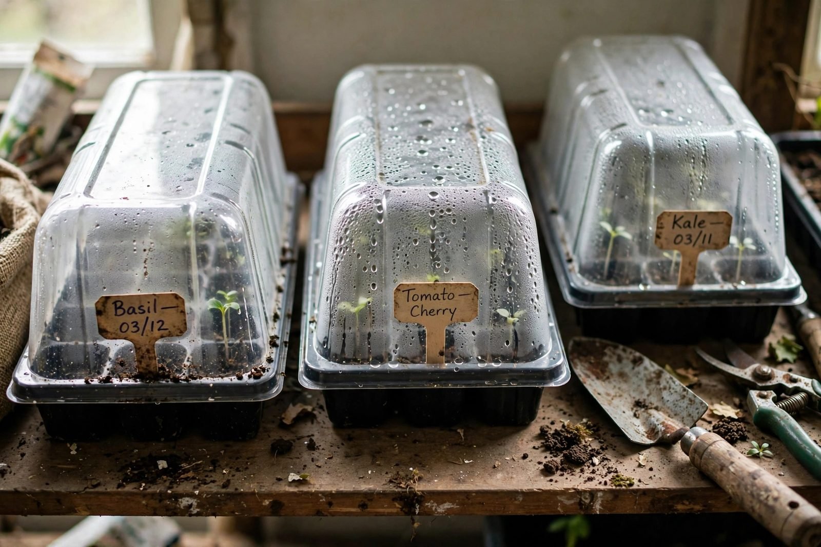 Clear humidity domes over seed trays on an indoor shelf, light condensation inside the plastic
