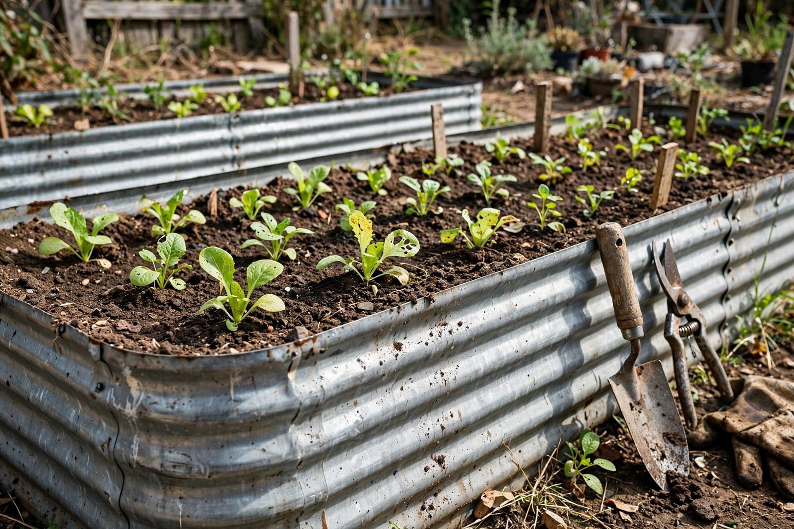 Corrugated metal raised beds in a sunny garden, soil mounded slightly below the rolled top edge