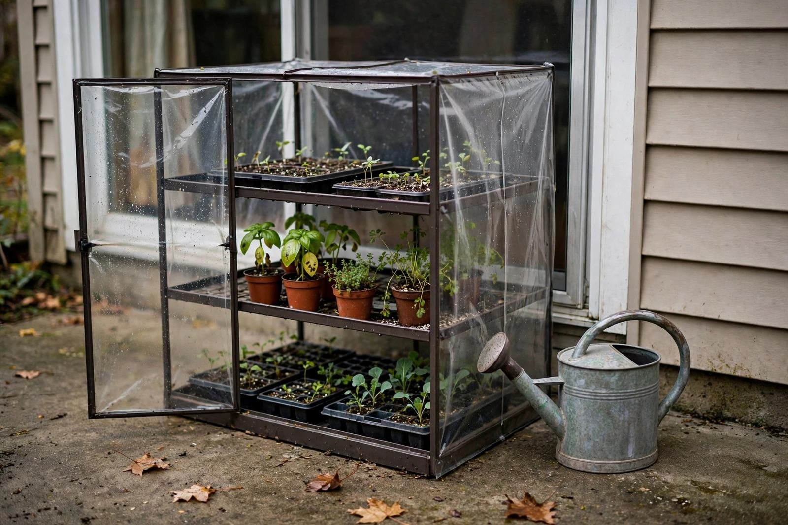 Tiered mini greenhouse filled with seed trays against a sunny patio wall with potted herbs on the ground beside it