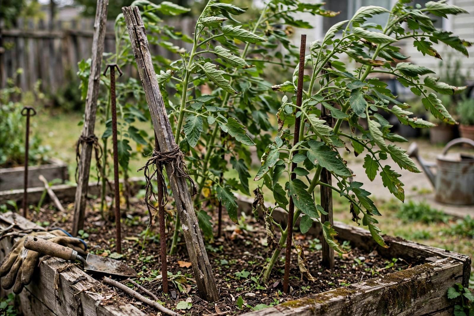 Tall tomato plants tied to sturdy metal supports in a raised bed, leaves ruffled by a breeze