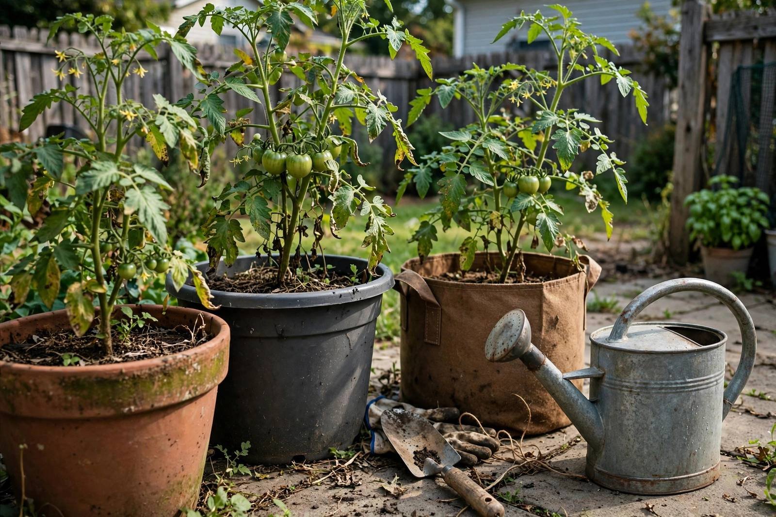 Tomato plants growing in large pots and a fabric grow bag on a sunny patio with a metal watering can