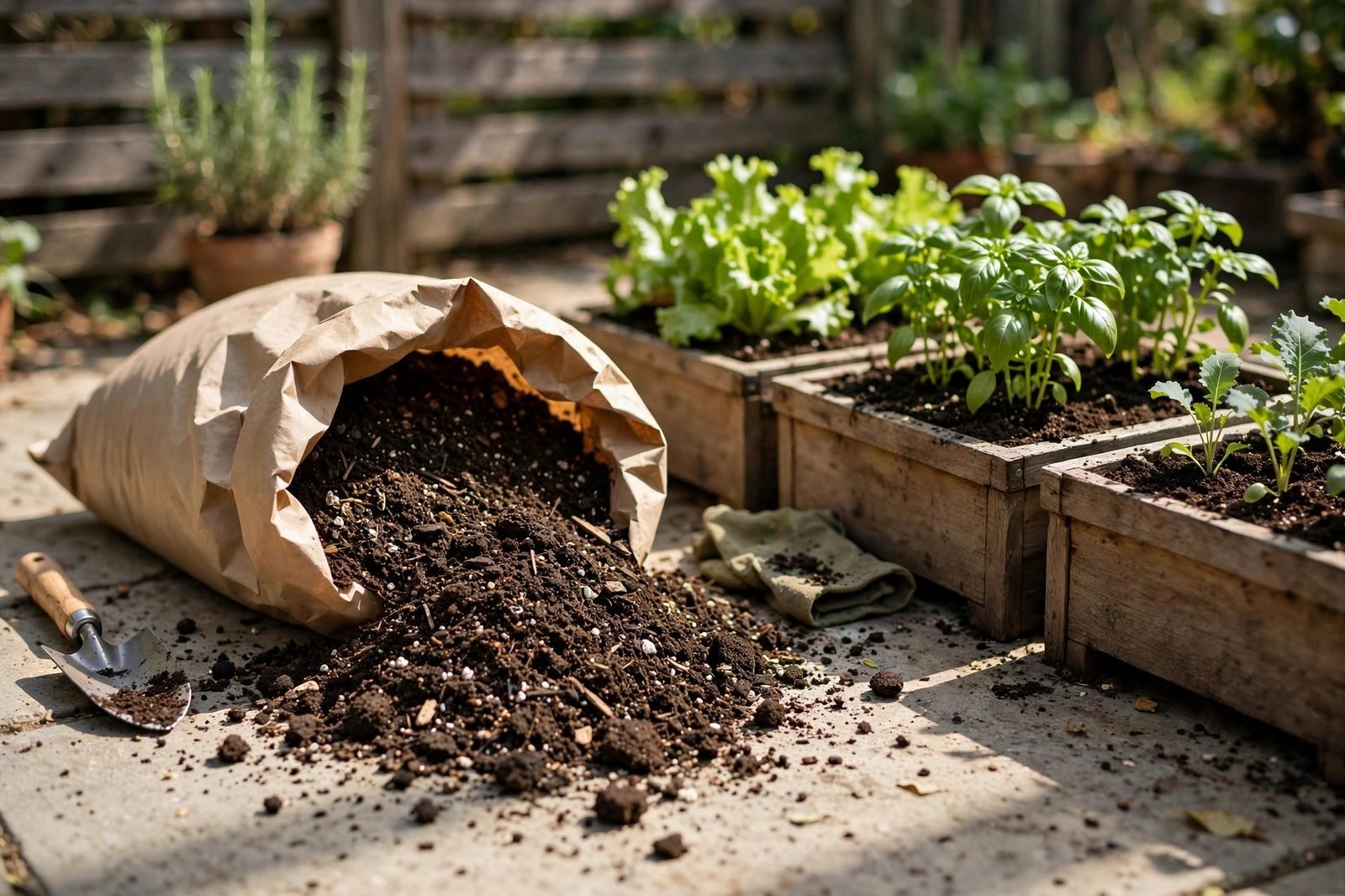 Open bag of potting mix beside filled vegetable containers on a sunny patio with soil texture visible