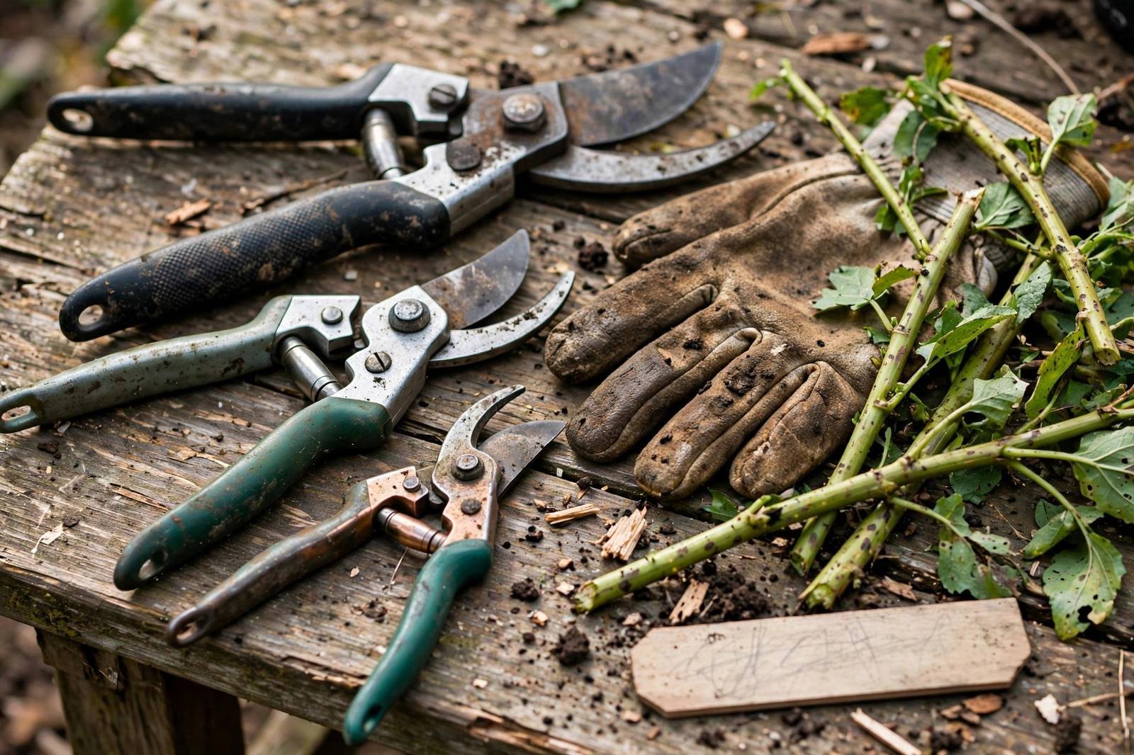Three bypass pruning shears of different sizes on a weathered potting bench beside cut stems and a worn glove