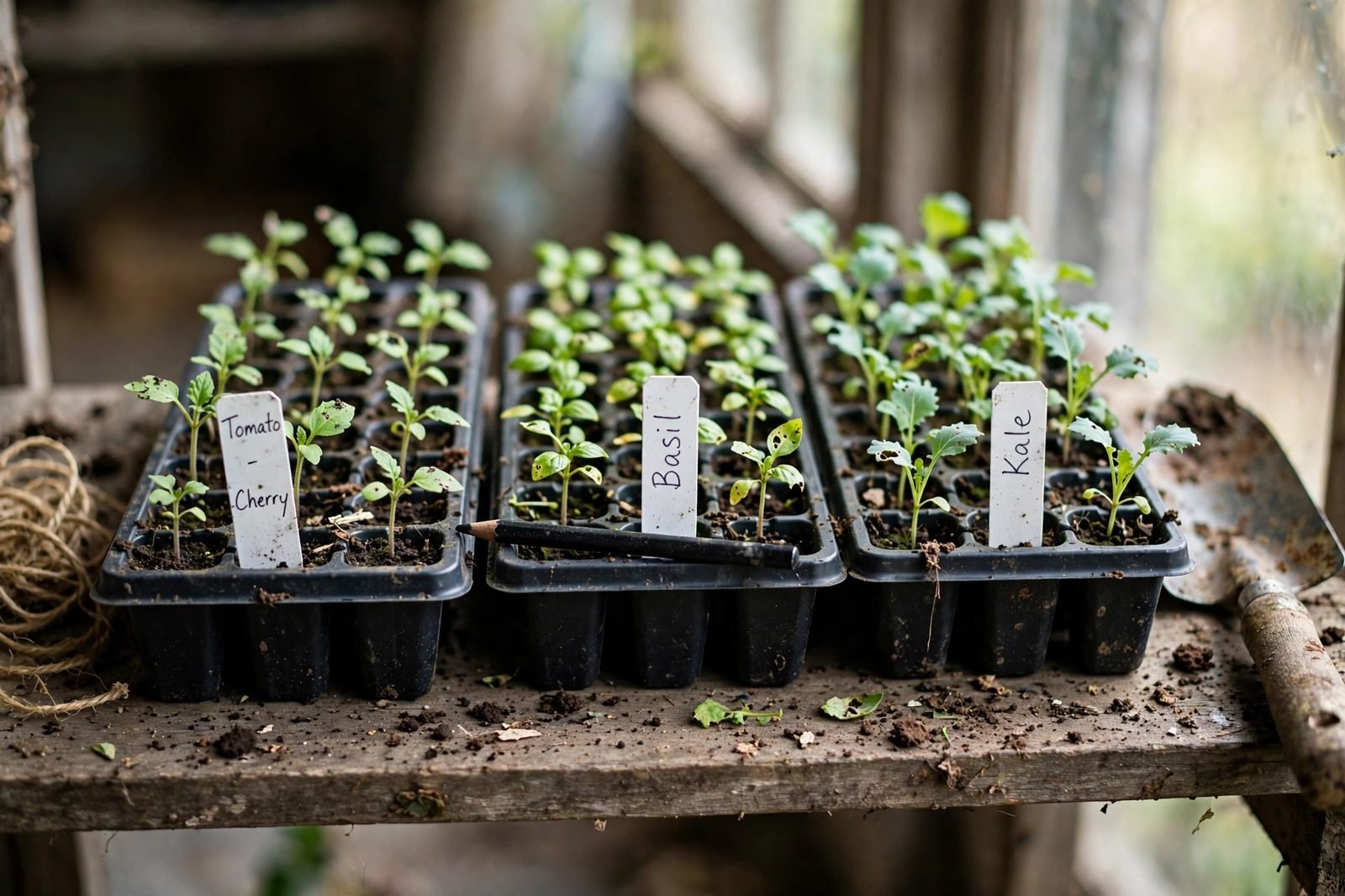 Seed trays with handwritten white plant labels in each row, a grease pencil resting on the tray edge