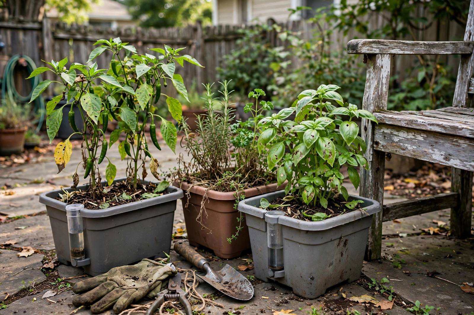 Self-watering planters with peppers and herbs beside a weathered bench on a stone patio, gloves and a trowel resting nearby