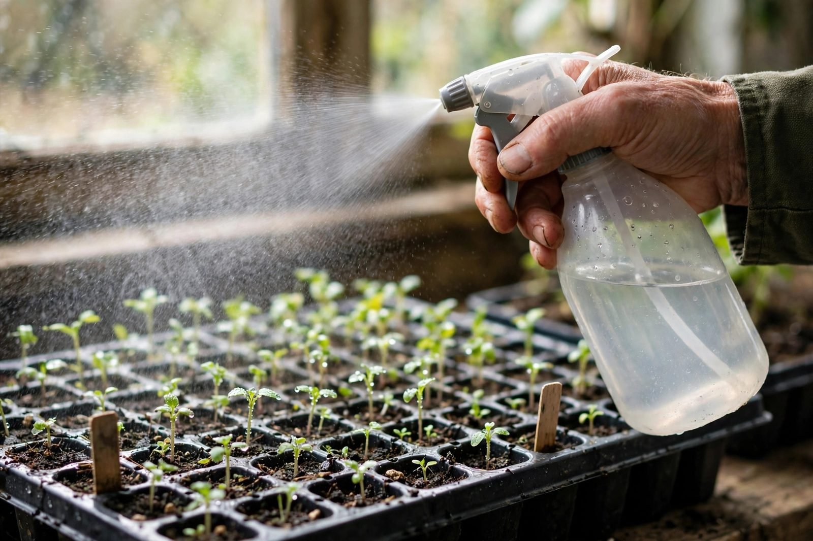 A hand holding a continuous-mist spray bottle releasing fine droplets over a tray of young seedlings in bright window light, water beading on small leaves
