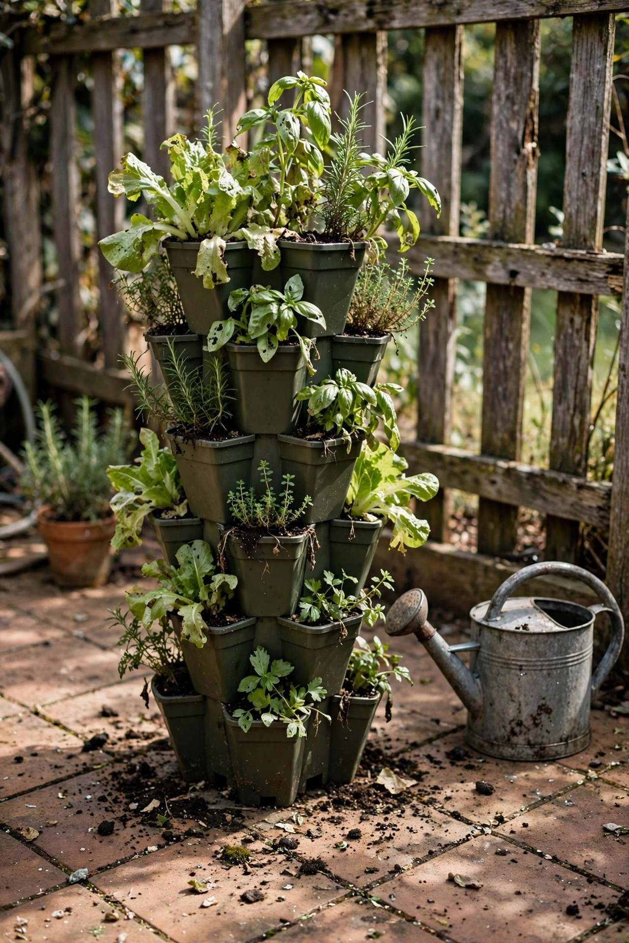 A vertical planter tower with herbs and lettuce on a small sunny patio beside a fence