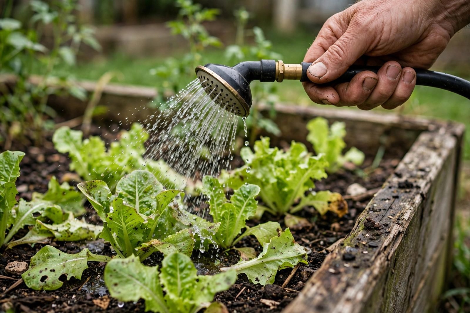 A hand holding a watering wand showering a raised bed of lettuce in natural daylight