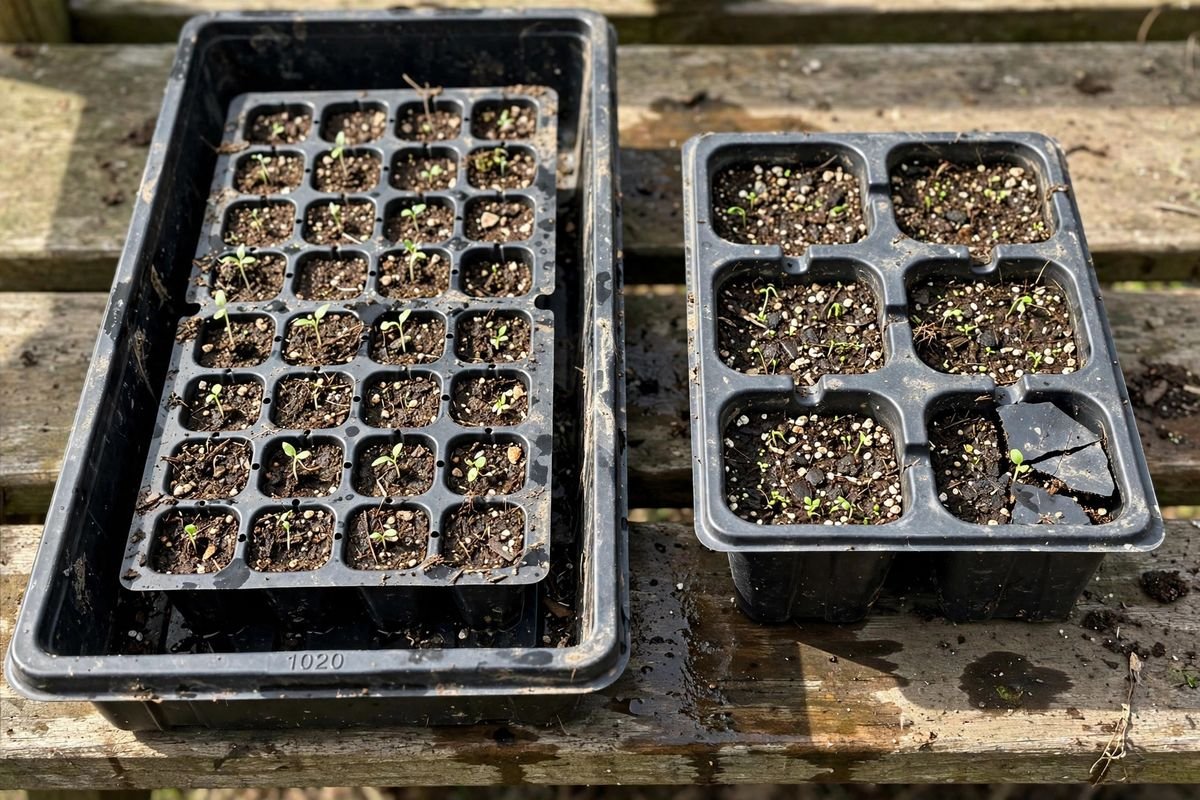 A black 1020 tray holding a cell-pack insert beside a standalone black six-pack of cells on a weathered wooden bench, both filled with seed-starting mix