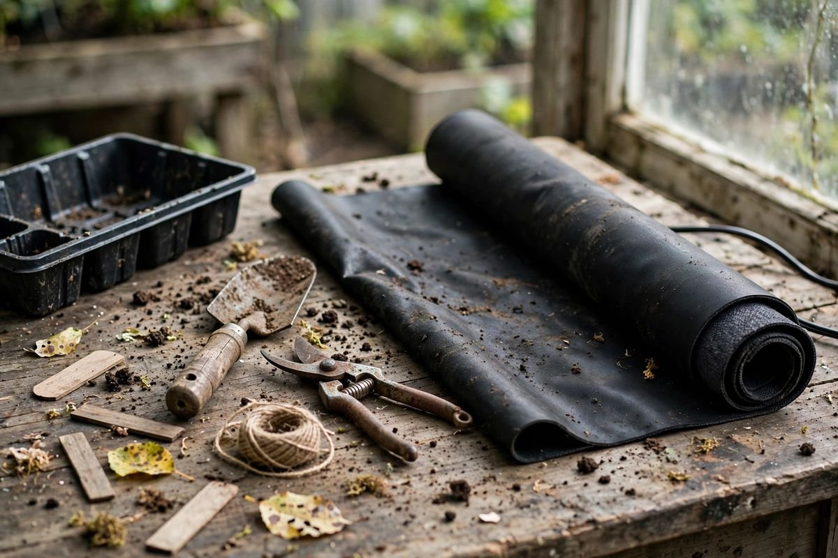 Black heat mat rolled partly open on a table with a seed tray resting on one end