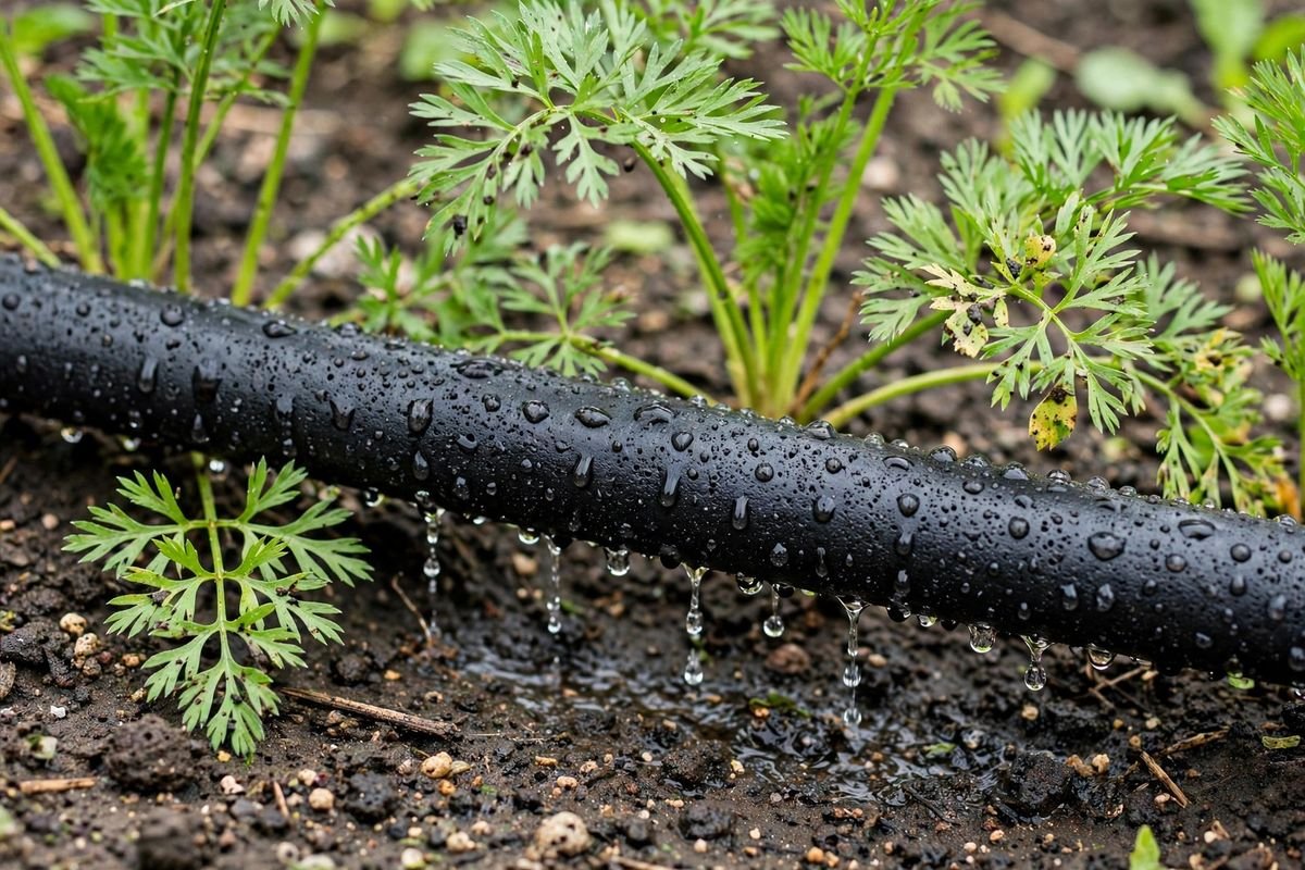 Black soaker hose weeping water along a row of young carrots in a raised bed
