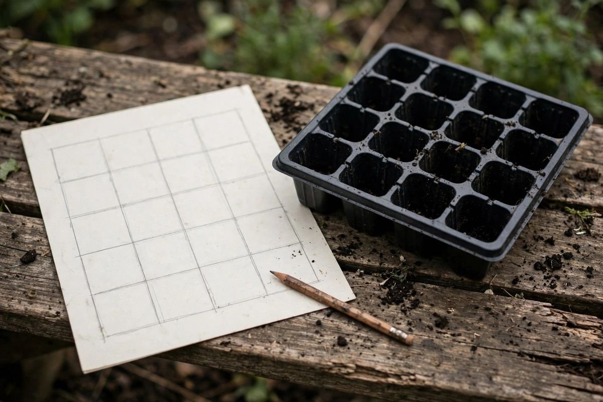 A blank paper tray map with a hand-drawn grid of rows and columns beside a black seedling tray on a weathered wooden bench, with a pencil resting on the paper