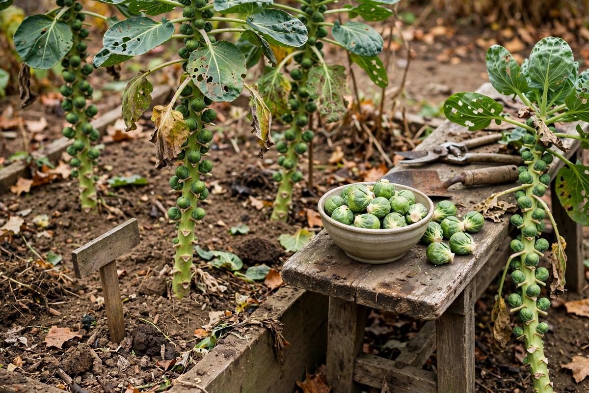 Bowl of harvested Brussels sprouts on a wooden garden bench with a cut stalk leaning nearby