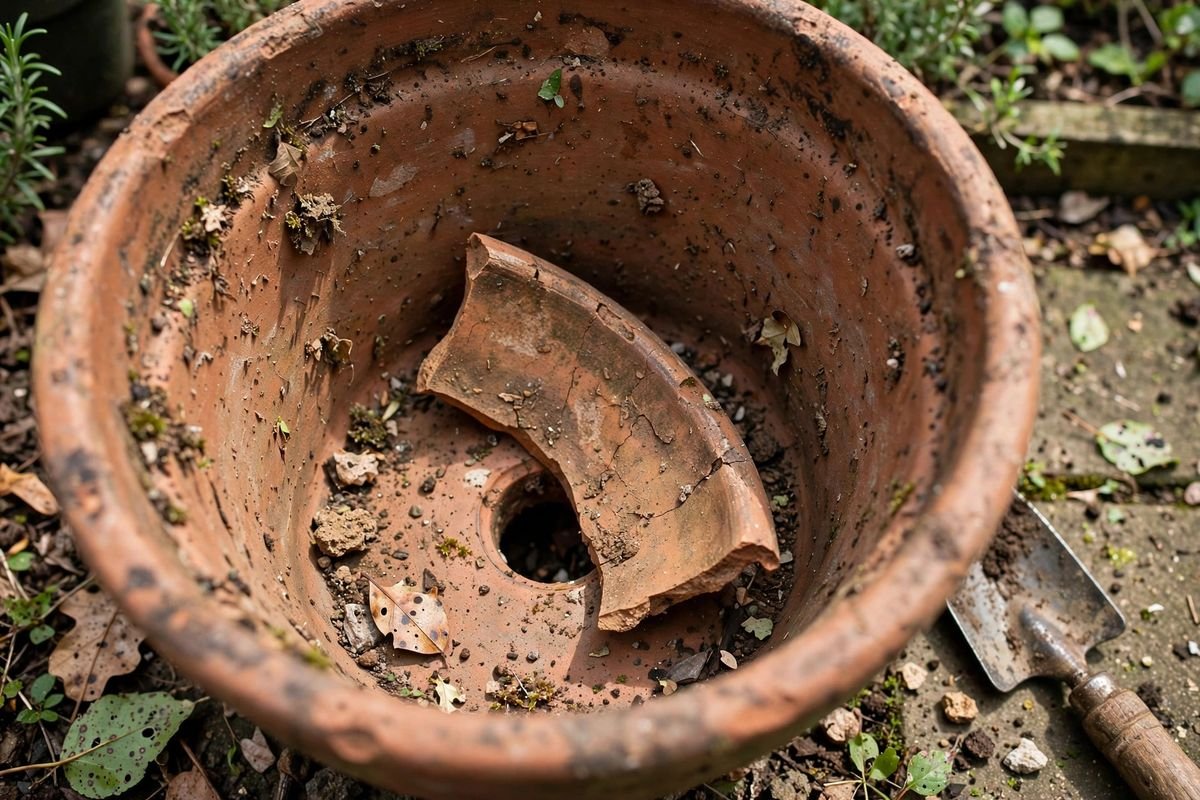 Broken pottery shard placed curve-side-up over a drainage hole inside a clay pot