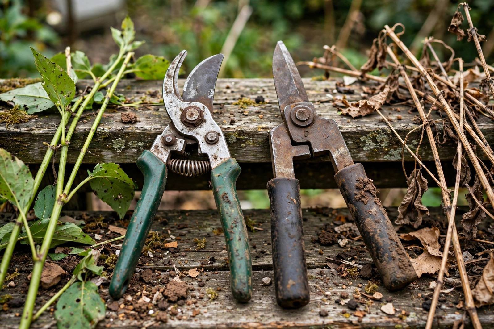 A bypass pruner and an anvil pruner lying side by side on a weathered garden bench with green stems and dry dead twigs
