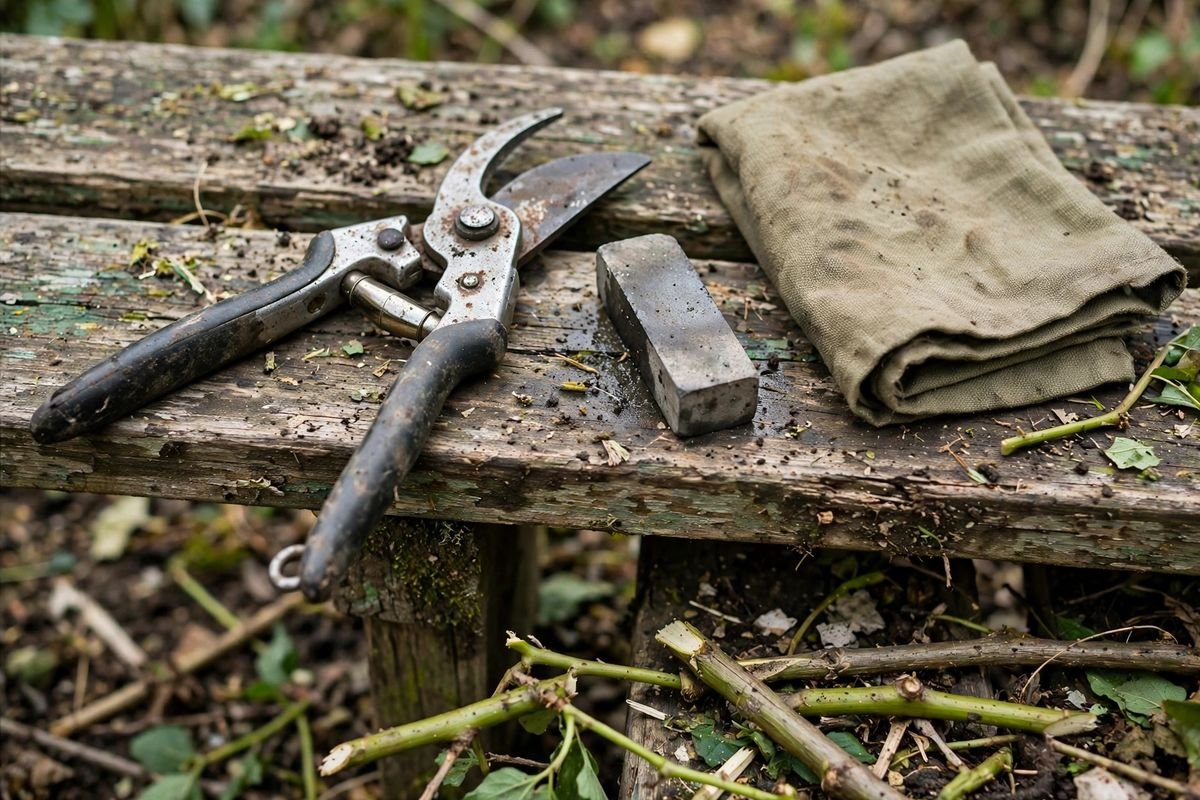 Bypass pruning shears beside a sharpening stone and folded cloth on a weathered bench