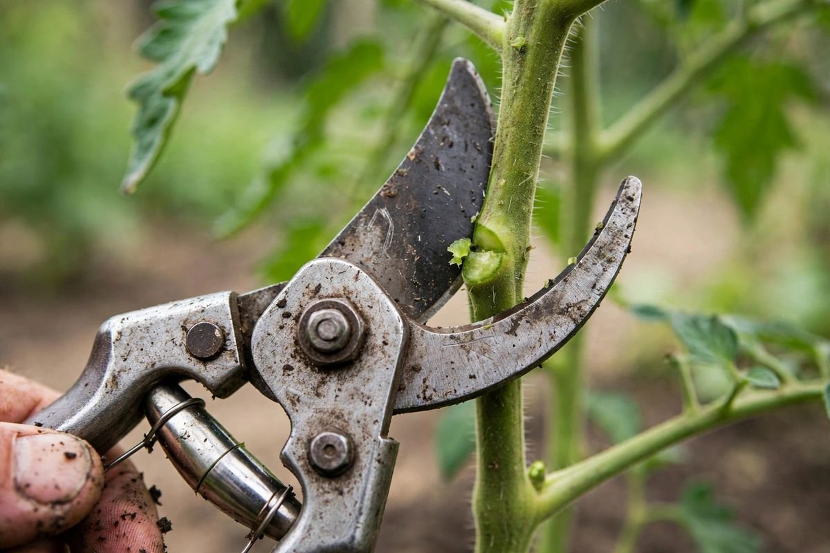 Bypass pruning shears cutting cleanly through a green tomato stem