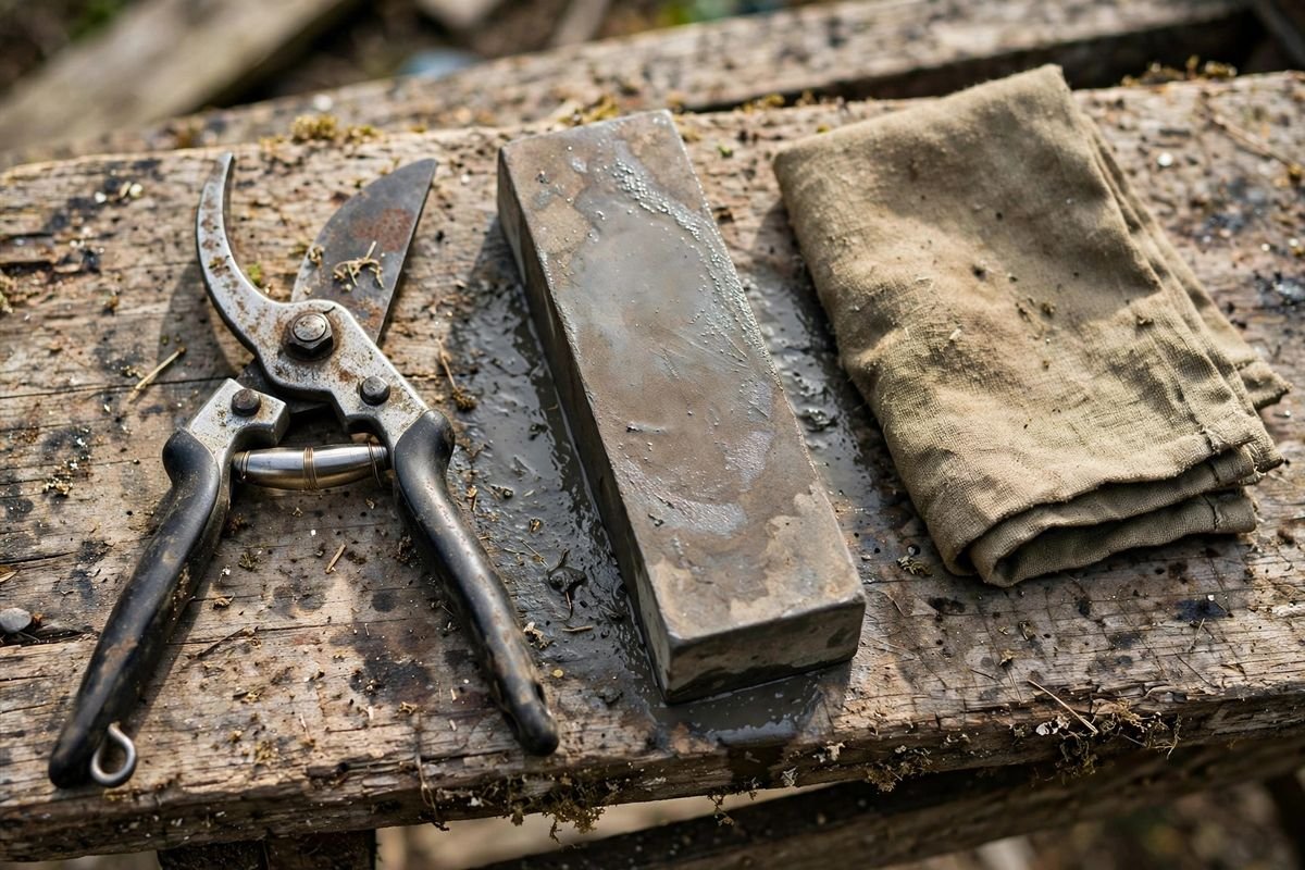 Bypass pruning shears lying open beside a rectangular whetstone and a folded cloth on a workbench