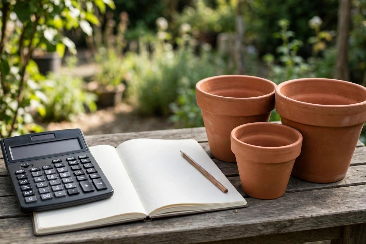 A calculator and notebook beside empty pots on a garden table, with a pencil