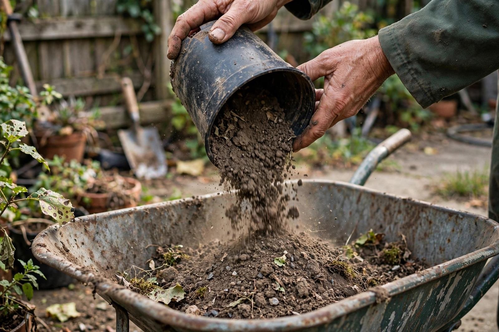 Hands dumping old used potting soil from a container into a wheelbarrow
