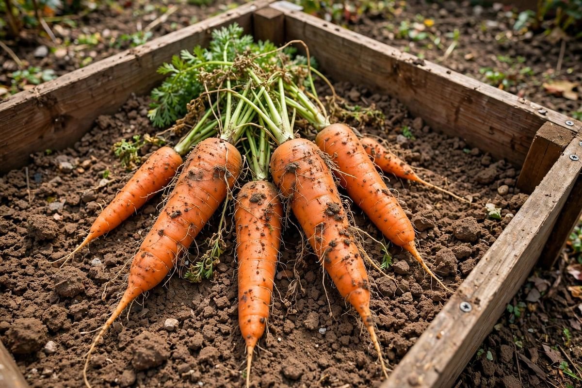 Carrots pulled from deep loose soil in an open-bottom raised bed, with soil crumbs on the roots