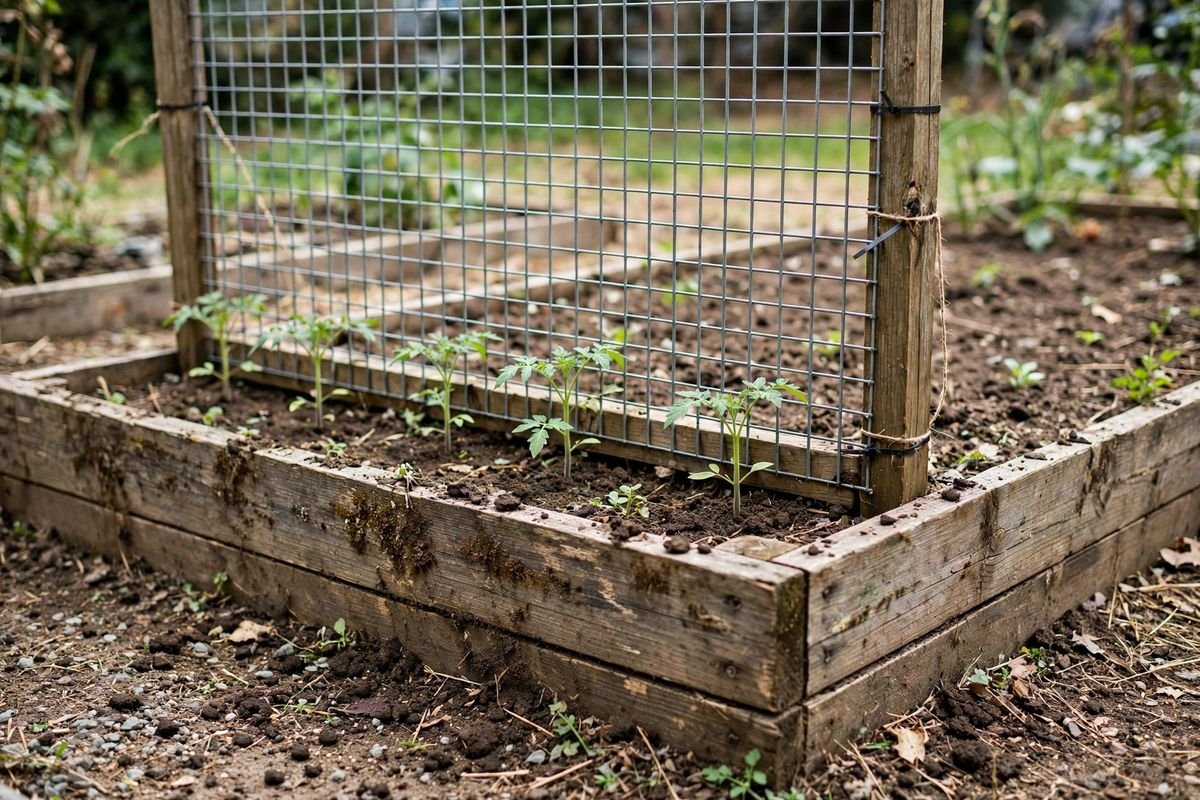 A cattle panel trellis fixed to wooden posts at the end of a raised bed, with young tomato plants at its base