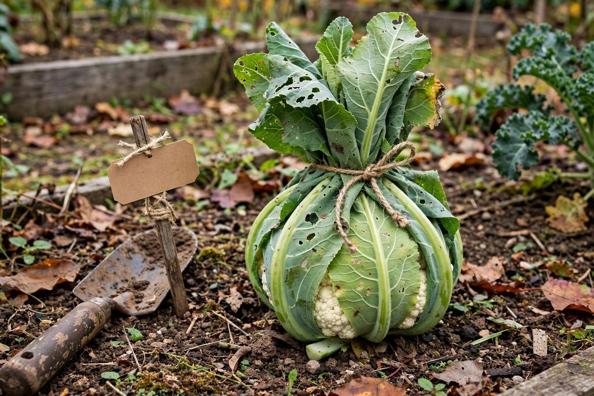 Cauliflower leaves loosely tied over a developing white curd with garden twine