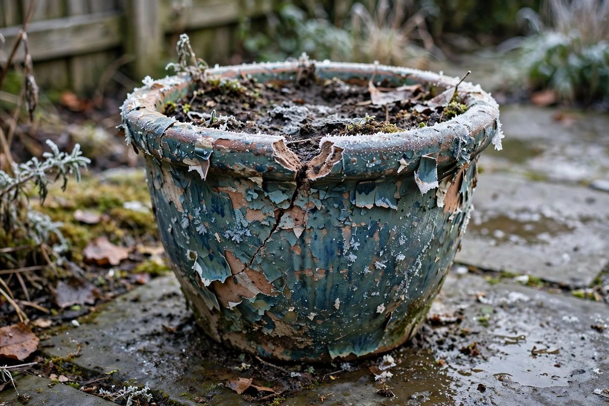 A ceramic planter with a cracked rim and flaked glaze after frost, sitting on a cold patio with damp soil