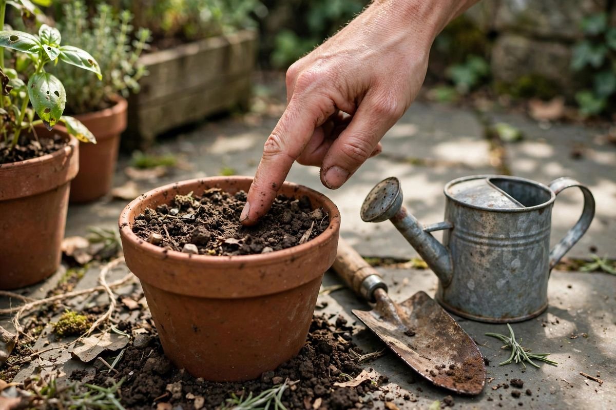 Checking soil moisture in a pot with a finger beside a small watering setup