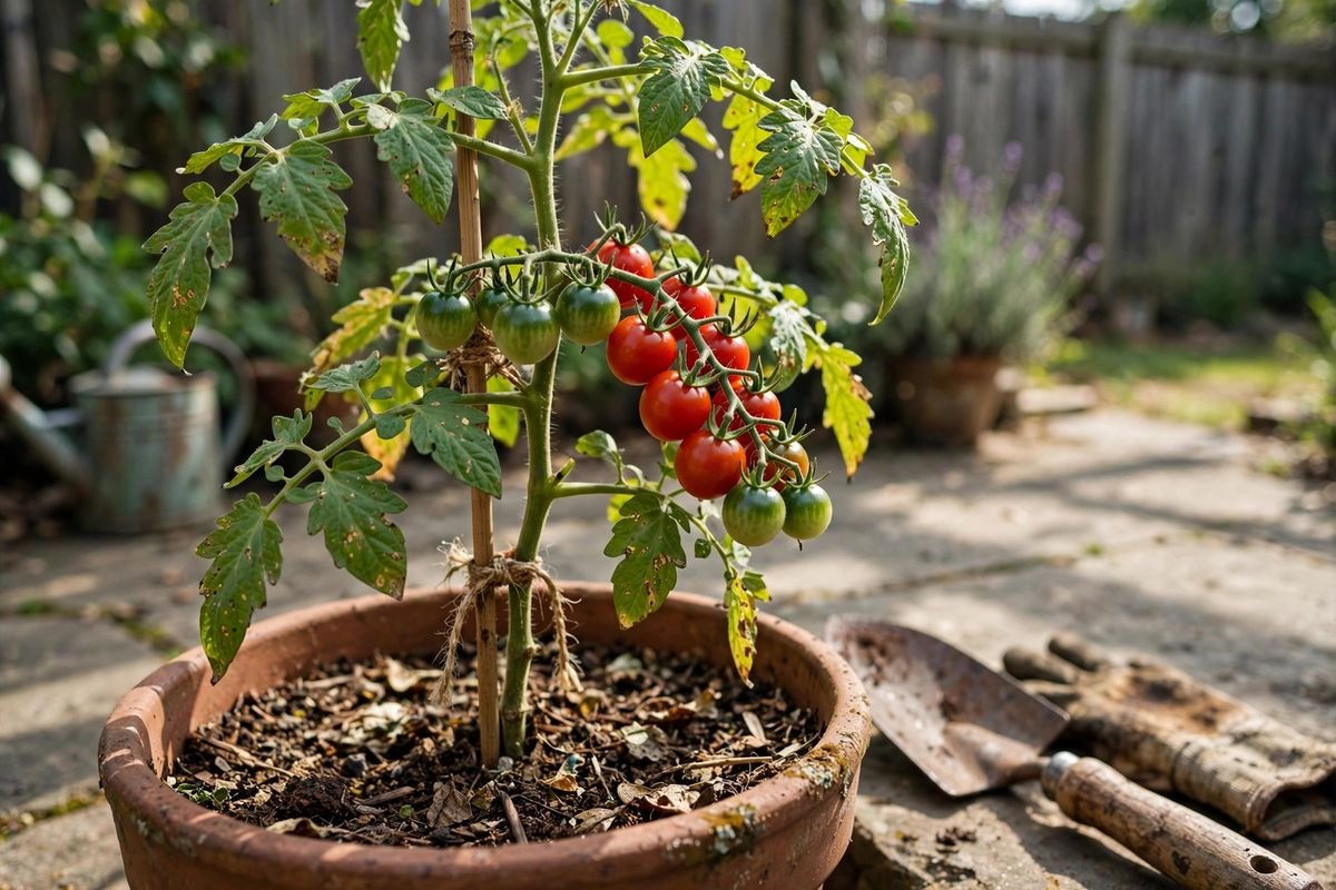 Cherry tomato plant tied to a bamboo stake in a terracotta pot with red and green fruit and spotted leaves