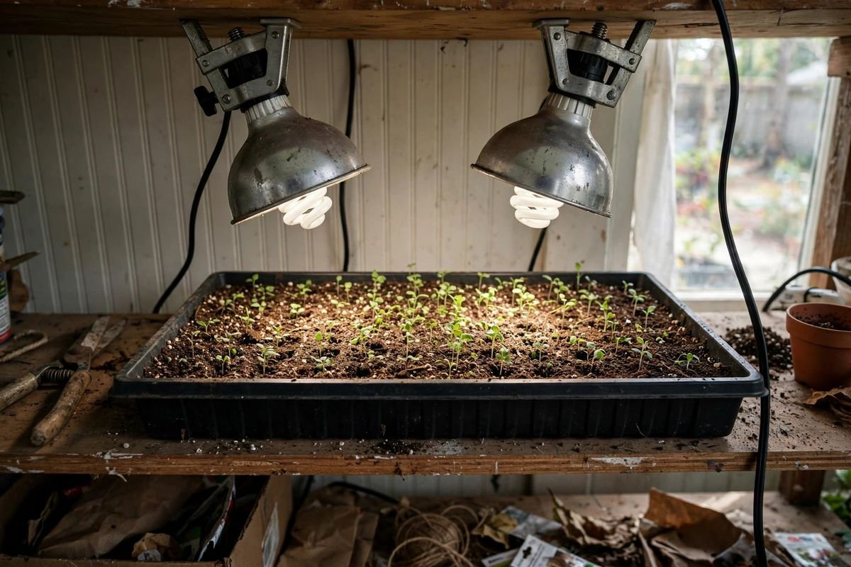Clamp reflector lights with spiral bulbs over a seed tray, seedlings brighter in the center